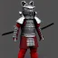 Placeholder: Modélisme trois dimensions, chat, anthropomorphique, habillé comme un samurai, armure très détaillé, armure rouge, armure argent