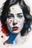 Placeholder: A realistic drawing in negative space black ink on white background of a beautiful girl with high density blue and red dots in the background enhance her face max enrist