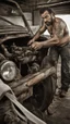 Placeholder: photography of a dirty burly chubby gipsy manly man serious repairing a car, , 44 years old, beefy, ugly , dirty curly hair, sweat, tattoo, with completely broken cotton pants, bulge, beard , angry eyes, bare-chested, huge belly, in industrial area, photorealistic, side light, view angle from low , ambient occlusion