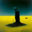 Placeholder: "Indefinite Divisibility" by Zdzislaw Beksinski, dramatic unreal landscape, matte oil painting, large scarecrow with an astronaut helmet on propped up on a wooden stake in a yellow field, smoking lunar lander wreck in the distance, biomechanical black lovecraftian crow-like hydrids, daytime, dynamic composition, oddball masterpiece, sfumato, complex contrast