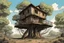 Placeholder: one tree house in the middle of the image, bared land, post-apocalypse, front view, comic book, cartoon,,