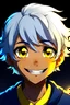 Placeholder: Style: Cartoon anime or manga, A boy with dark skin tone, with yellow and blue eyes, white hair, moon-shaped cheek marks, and a childish smile, he seems pretty crazy HEHE!