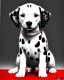 Placeholder: photorealistic dalmatian puppy, tilting head, sitting on kitchen floor, red collar, black paw prints on floor