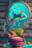 Placeholder: An aquarium glass cat shaped aquarium with fish, colorful fish, in an old style cozy library with a comfortable armchair to sit in and a large aquarium with fish, colorful fish