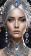 Placeholder: AI 3d photo realistic portrait of young woman, beautiful, shiny hard eyes, make up, Fantasy style, shiny baubles, ornate, large gemstones, shiny molten metalics, shiny wire filigree, silver hair, high definition, high res, octane render, 64k, 3d