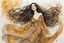 Placeholder: Dynamically dancing long haired brunette woman, in Klimt style, in ochre, watercolor and ink, golden glitters