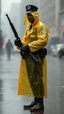 Placeholder: retro nypd full body color 1920 blackmen policeman wtih heavy yellow rain transparent coat with thompson riffle