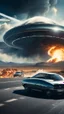 Placeholder: The image shows a photograph with a science fiction theme. Reflected in a side-view mirror, we see a car with passengers, driving on a desolate road. In the background, a large UFO hovers in the sky while multiple explosions erupt in the distance, sending up clouds of smoke and fire. The mirror's border frames this chaotic scene, juxtaposing a calm, seemingly oblivious drive with the dramatic events unfolding behind.