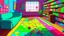 Placeholder: Fantasy cartoon illustration: Living room. On the floor there is a bright blue dot - it's a jelly bean! And nearby there is a whole trail of colorful jelly beans: red, green, purple, orange, red, blue, orange, purple, orange, green, pink, red, purple.