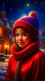 Placeholder: Painting of a cute girl in a red hat and scarf, snowfall in the background, bright night, by Thomas Kinkade