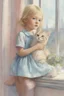Placeholder: Illustration of model gemma ward as toddler, at the window,with a cat, 1980s,style of Marcel Marlier, pastel colors