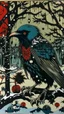 Placeholder: A contemporary serigraphy by Matisse and Kunisada of a human-like raven adorned in a punk leather jacket within a snowy Christmas atmosphere.