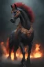 Placeholder: full body, head to toe, 3D, the anthropomorphic black Chinese Indian werewolf Horse with Long wavy, curly (((red hair))) breathing fire, resembles Elvis Presley - full color - 32k, UHD, 1080p, 8 x 10, glossy professional quality digital photograph - dark foggy gradated background, historic, powerful, octane rendering, exquisite detail, 30 - megapixel, 4k, 85 - mm - lens, sharp - focus, intricately - ((skin details, high detailed skin texture