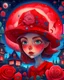 Placeholder: stylized artwork featuring a wide-eyed girl with a red hat in front of a whimsical house with swirling starry skies and vibrant roses. #fantasy #girl #redhat #roses #starryskies #whimsicalhouse