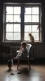 Placeholder: A baby sitting on baby’s eating chair in front of a big window in an abandoned damaged room , a cat out side the widow looking at him