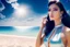 Placeholder: very nice real face beautiful sexy roman with make up at the beach standing pose in a short lace dark blue and silver dress, full body, 3D coudy sky volumetric nice clouds 8k sharp focus