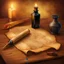 Placeholder: A old parchment scroll laying on wooden desk with a quill and a bottle of ink. Magical. Epic. Dramatic, highly detailed, digital painting, masterpiece