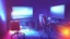 Placeholder: Dimly lit gaming room, with a messy bed and a single desk with a gaming PC, two monitors on the desk, gaming chair, bed is in the background under a window, the room is filled with neonlights, night time, atmospheric, detailed.