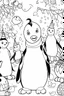 Placeholder: HAPPY NEW YEAR coloring page for kids, A cute penguin parade with confetti in a chilly Arctic scene, thick outline, low details, no shading, no color