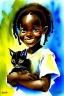 Placeholder: A cute smiling african girl is holding a kitten. Watercolour