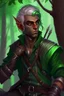 Placeholder: Male elf, rogue assassin, brown skin, bright green eyes, mauve hair, sneaky, trees, stoner, bow and arrows, black leather straps, disheveled, smoking weed