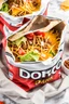 Placeholder: "Taco in a Bag" which consists of an open Doritos chip bag with sides rolled down, containing Doritos chips and cooked ground beef and lettuce and shredded cheese and chopped tomato pepper and onions and topped with more nacho chips, plastic fork, food blogger photography