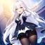 Placeholder: girl, masterpiece, best quality, volumetric lighting, detailed outfit, perfect eyes, white hair, golden eyes, long hair, black stockings, laughing,