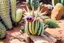 Placeholder: cute cacti creature on driftwood in the flowergarden