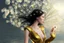 Placeholder: A skinny woman with black hair, in a gold and black android suit, standing, looking out over a lake, with flying dandelion heads with octopus tentacles, with tall narrow cloud trees in the distance