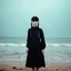 Placeholder: Wednesday addams on the beach, with bangs and braids, autochrome, liminal atmosphere, its raining