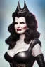 Placeholder: Geena Davis as evil queen in black leather, leather, busty, cleavage, angry, rage, stern look. character design by cory loftis, fenghua zhong, ryohei hase, ismail inceoglu and ruan jia. unreal engine 5, artistic lighting, highly detailed, photorealistic, fantasy