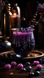 Placeholder: witch's brew, bubble tea, crystal glass, beverage, standing on table in witch's hut, magical, cute, girly, purple, pink, tapioca pearls are glowing stars and moons, magic symbols, magic flowers and plants, photo realistic, hyper detailed, studio photo, intricate details, highly detailed, Miki Asai Macro photography, close-up, hyper detailed, trending on artstation, sharp focus, studio photo, intricate details, highly detailed, by greg rutkowski