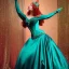 Placeholder: Picture of a princess with long auburn hair in a big teal green and gold satin ballgown corset off shoulder top and long white gloves dancing