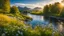 Placeholder: desktop wallpaper ,Germany,country side wavy Reine river ,wild flowers,trees ,blue sky nice clouds,golden hour