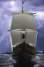 Placeholder: Ship front view with a Spider figurehead at night in a storm with giant waves