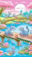 Placeholder: in the center: beautiful chunky pink cats playing on a bridge with grey mice, under the brigde flows a small blue river; background: landscape, first plan: pink flowers: white clouds