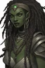 Placeholder: dungeons and dragons character portrait of a beast human female warrior with black skin, dreadlocks, thick eyebrows, big fangs and green eyes.
