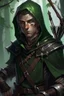 Placeholder: 35 year old male rogue elf, thief assassin, messy mauve hair, bright green eyes, brown skin, black hood, black leather armor, messy, disheveled, trees, sneaky, bow and arrows, long and lean