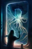 Placeholder: cthulu cutting window off patient , with background burning jellyfish angel star field seen in the window of a boat, 4 k, trending art, depth of field