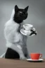 Placeholder: Chat noir en costard avec des lunettes assis à une table avec une tasse de café, ultra réaliste, 4k, haute résolution