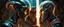 Placeholder: Close-up confrontation between an ancient alien outcast leader synth and a space broker, standing only a meter apart, intense eye contact, glowing crystalline rod between them, anger mixed with sadness, dramatic facial expressions, shallow depth of field, cinematic lighting, stylized 3D anime, airbrush painting, crisp outlines, , rembrandt , black swirly border with sacred geometry, characters drawn in front of border, eye tyrant beholder in blurred background