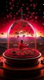 Placeholder: full shot of happy dandys eating cherries in a floating glass dome, dreamlike atmosphere, in the background the landscape burns like hell, in the style of Rafael di Sanzio