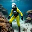 Placeholder: white shark: Blonde, black latex hazmat suit, clear helmet, underwater reef