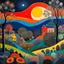 Placeholder: Colourful, peaceful, Max Ernst, Henri Rousseau, night sky filled with galaxies and stars, rock formations, trees, flowers, houses, one-line drawing, sharp focus, 8k, deep 3d field, intricate, ornate, hypermaximalist