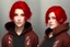 Placeholder: Woman with bright, short red hair, brown eyes, wearing a black hoodie, realistic, slight smile