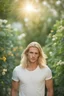 Placeholder: Perfect 25 year old blond man, amazing beauty, very light long blond hair, shoulder length, blond as a light sun, blue eyes like the sky, tall and strong body, male face, lost look in a garden looking at the sun