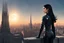 Placeholder: A slim Woman With Black shoulder length hair, Wearing an android-looking suit, standing sideways On a ledge of a building, with a moon Behind Her Head, towering spires and buildings highlighted by the setting sun