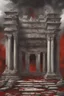 Placeholder: Broken temple with the floor covered in blood, detailed painting, sky of blood