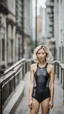 Placeholder: beautiful anorexic asian female, total shot, shiny silver triathlon swimsuit, short blond wavy bob hair, blurred city background