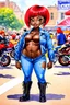 Placeholder: watercolor illustration of the chibi cartoon character, a voluptuous black female in a blue jean outfit with biker boots. Her prominent makeup and hazel eyes, along with her detailed red pixie haircut, are featured in this image, set against the background of a lively bike show.